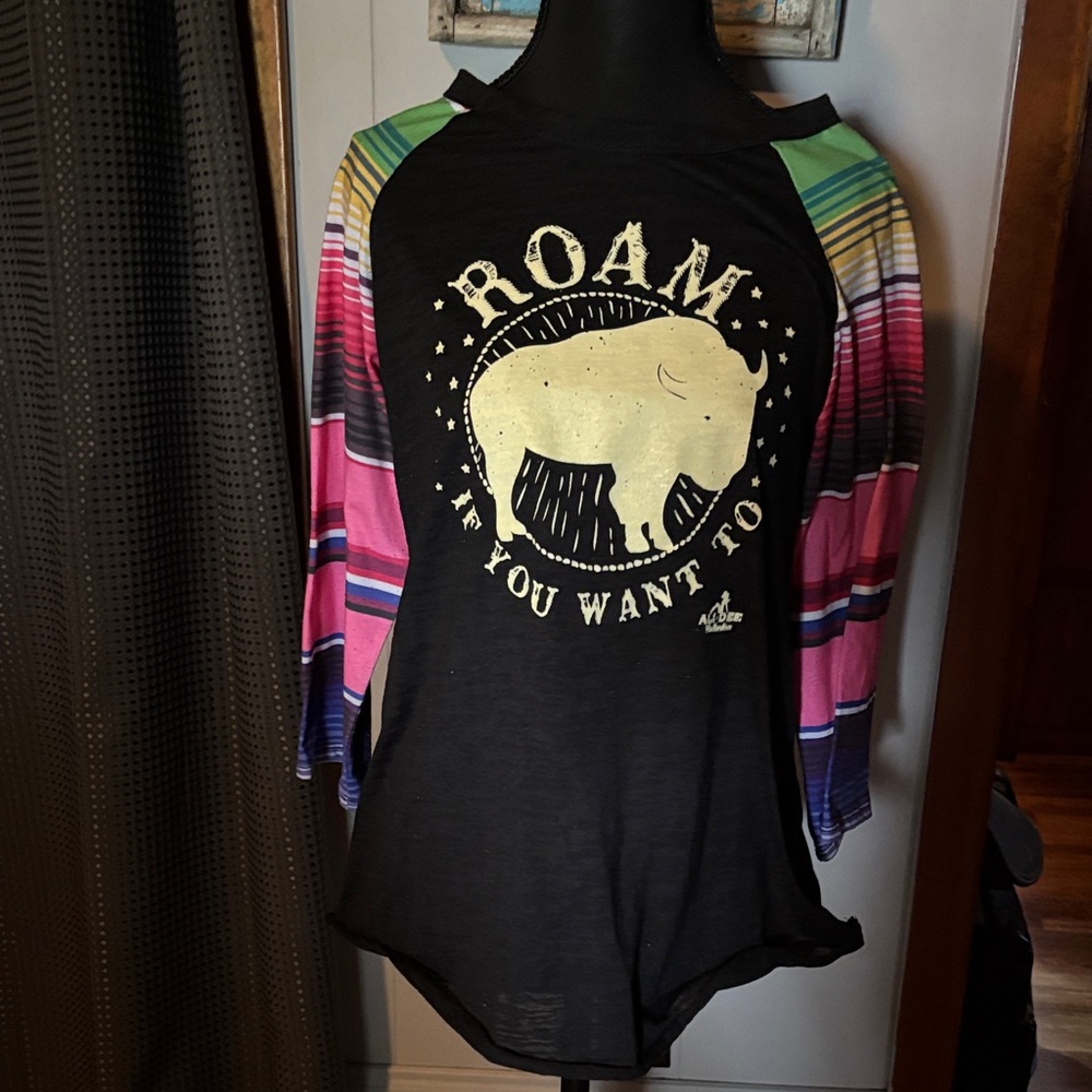 Roam Graphic Raglan Long Sleeve Tee - Black with Multicolor Stripe Sleeves